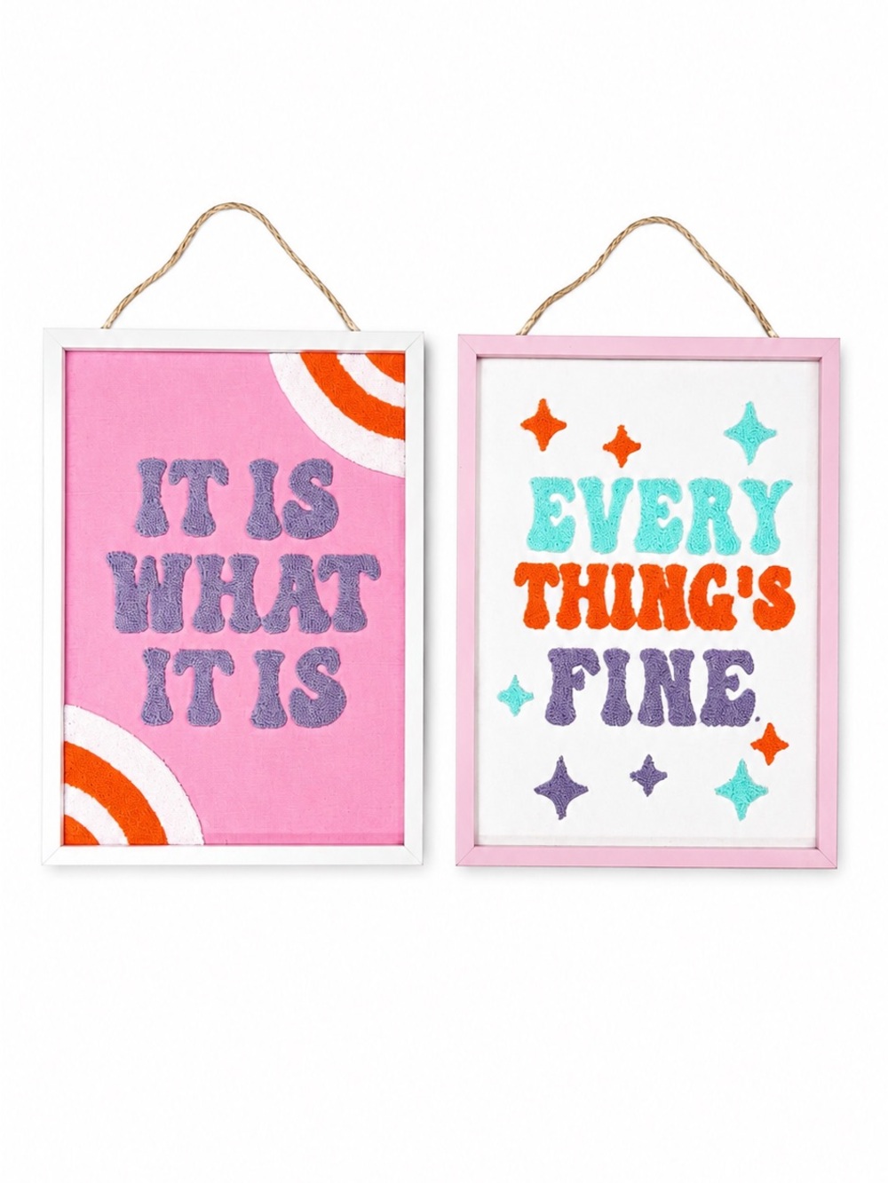 Set of 2 Retro Tufted Framed Wall Art Signs Pink Colorful Decor NEW 12 H x 8 W